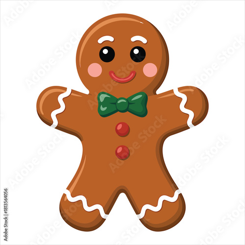 Happy gingerbread man with a green bow tie stands with a transparent background