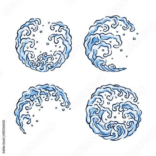 和風の波模様・水流の丸の手書き風ベクターイラストセット