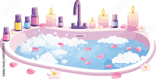 Relaxing bubble bath with essential oils and candles for a serene spa experience.