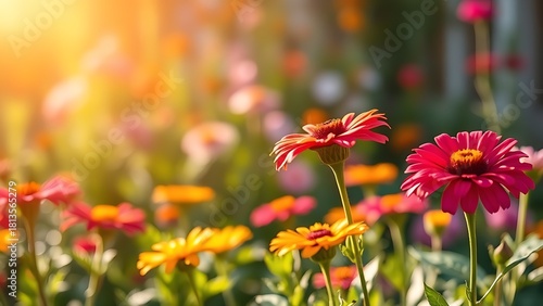 outdoors. Vibrant garden flowers in full bloom, bathed in natural sunlight with a dreamy backdrop. gardening catalogs, home-decor guides, designed for home decor and floral branding.