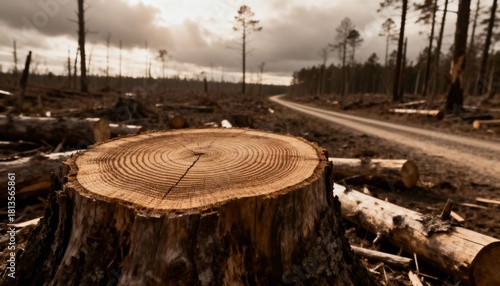 tree stump in deforested forest with cleared land and dark sky, highlighting environmental destruction