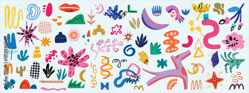 Colorful geometric seamless pattern with funky crayon drawn shapes. Abstract pencil doodle shapes, naive geometric figures and forms.