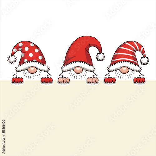 Three cute gnome characters peek above a blank banner wearing different patterned Santa hats