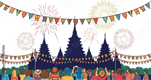 People celebrating a festival with fireworks and traditional buildings.