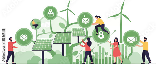 People working together on a green energy project with solar panels and wind turbines.