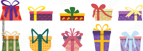 Set of colorful festive pattern gift boxes with ribbon and bow on flat design isolated on white background