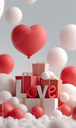 3D rendering of red heart-shaped balloons with stacked white and pink gift boxes and the word love in front, surrounded by soft clouds on light grey background, romantic celebration design.