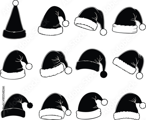 Collection of twelve black and white silhouette icons representing various styles and orientations of traditional santa claus hats isolated on white background
