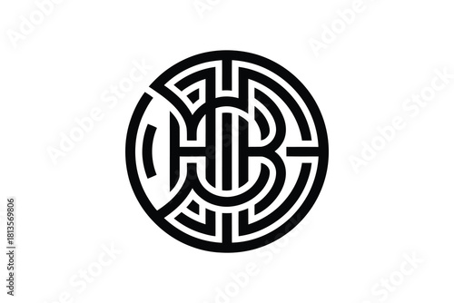 Abstract circular logo design with interconnected letters h b and c in black
