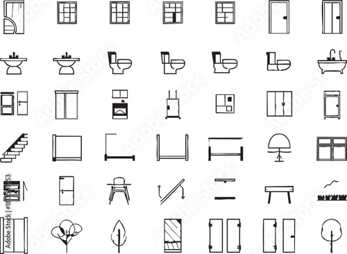 Architectural furniture and fixture vector icons set for interior design and floor plans eps silhouette