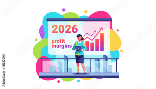 Financial projection of 2026 profit margins presented by a professional woman showing strong growth