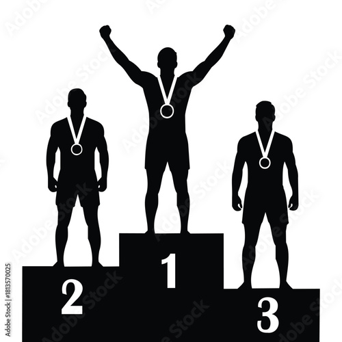 Silhouette of three male athletes standing on a winners podium with first, second, and third place isolated on vector illustration