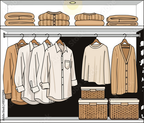 Organized closet with folded clothes on shelves and shirts hanging on a rack with wicker baskets.