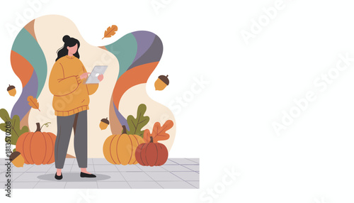 Woman in sweater using tablet among pumpkins and fall decor Autumn digital lifestyle illustration