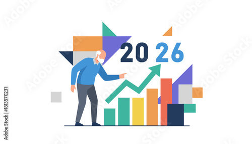 Senior man points to 2026 financial growth chart and successful business projection