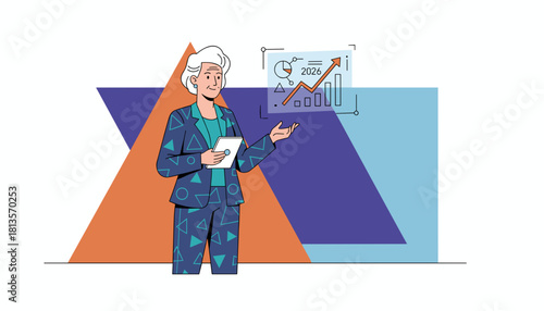 Confident senior executive presenting digital 2026 business growth forecast and strategy