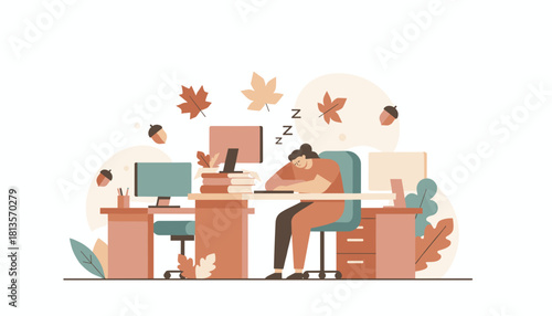 Overworked woman sleeping at office desk with computers and fall leaves Autumn fatigue concept