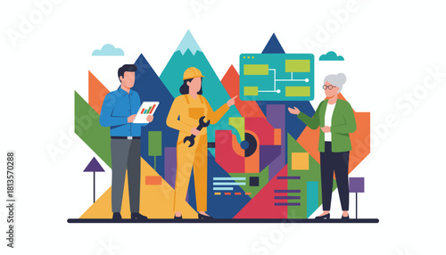 Diverse team analyzing a business workflow plan integrating engineering data and management expertise