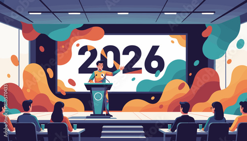 Speaker presents 2026 corporate goals and future vision at a modern business conference