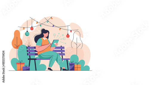 Woman shopping online with a tablet on a park bench decorated with festive lights and gifts