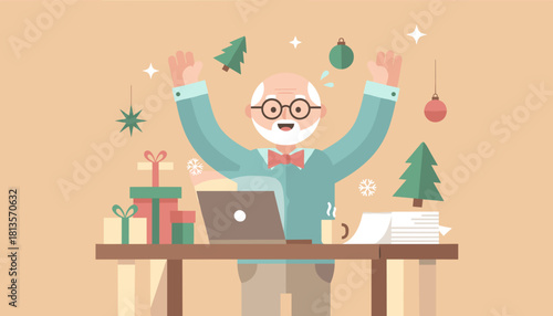 Excited senior man celebrates success working on laptop amid festive Christmas decorations and gifts