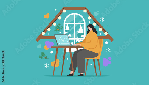 Woman working remotely on laptop in a cozy winter home office illustration Data analysis and freelance