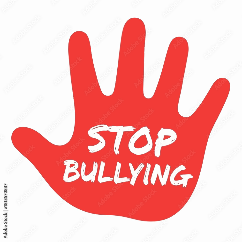 Fototapeta premium Red handprint with bold white Stop Bullying text on a clean white background. Strong anti-bullying message for awareness campaigns, education materials, and social activism designs