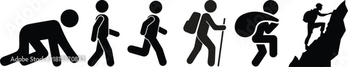 
Sequence of stick figures showing progression from walking to climbing a mountain.Silhouette Illustration Of Hikers On A Bridge Against Dark Transparent Background