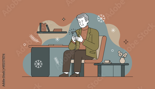 Mature man checking smartphone at his desk in a cozy modern flat design illustration