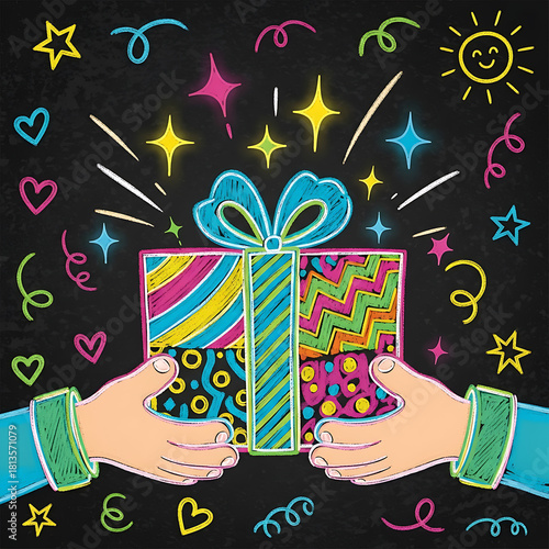 Kids Cartoon Style Hand Drawn Gift Box with Confetti Background, Giving Hands with Funky Birthday Present.