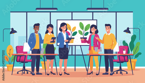 Happy diverse business team meeting in a vibrant sustainable office environment