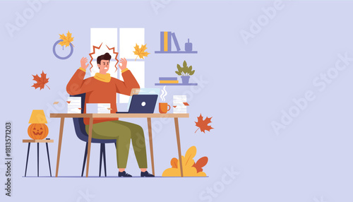 Businessman stressed by heavy workload and deadlines in the fall office