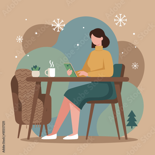 Cozy winter work Woman using digital tablet at a cafe table with coffee and snow falling outside