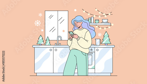 Woman scrolls smartphone in a cozy Christmasdecorated kitchen setting