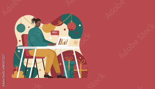 Man uses laptop for holiday deals and business during festive season Christmas ecommerce