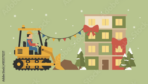 Winter construction project worker drives bulldozer near festive building
