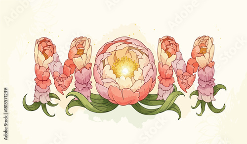 Peony flowers forming the word M O M on a soft yellow background