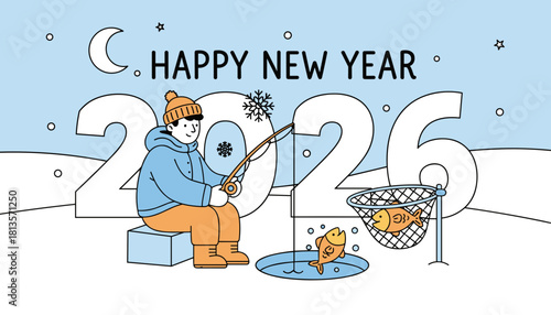New Year 2026 greeting card Man ice fishing outdoors under the winter night sky