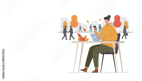 Working remotely in autumn Female freelancer uses laptop and smartphone in busy urban setting