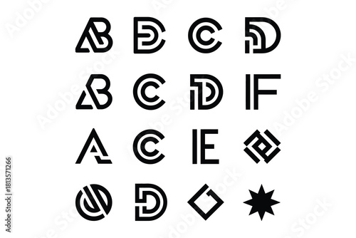 A grid of stylized black letters and symbols on a white background design