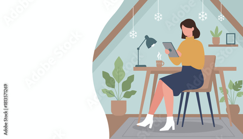 Remote worker using a tablet in a cozy bright home office during winter Copy space provided