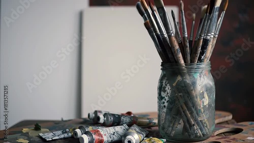 Artistic Tools Showcase: Paintbrushes, Paints, and Palette in a Studio Setting
