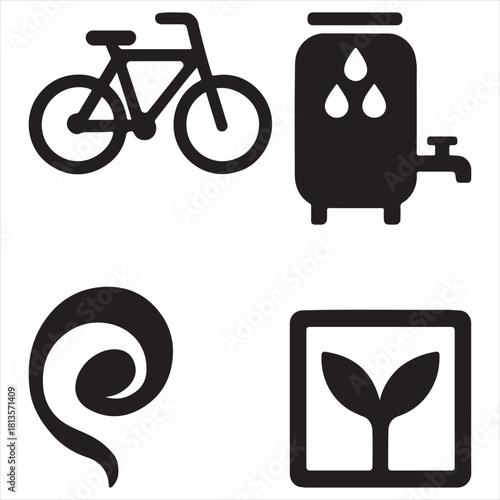 Black Eco Icons for Cycling, Water Conservation, Wind Energy & Plant Growth