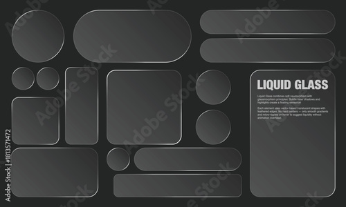 Gray Frosted Liquid Glass UI Kit Elements With Multiple Shapes On A Dark Background. A Modern UI/UX Design Featuring Bento Grid Style And Detailed Copy Space