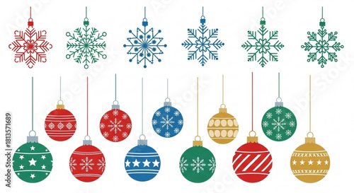 Illustration of assorted christmas ornaments and snowflakes hanging from above in different colors created with generated ai