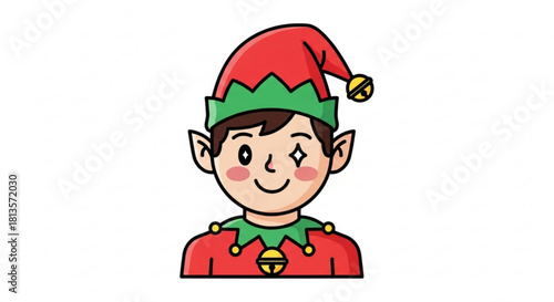 Cartoon illustration of a christmas elf with a red hat and a green collar and a winking eye created with generated ai