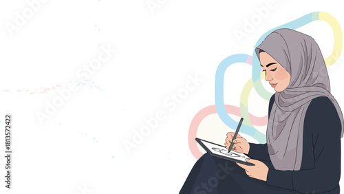 Muslim woman in hijab drawing on digital tablet with stylus.