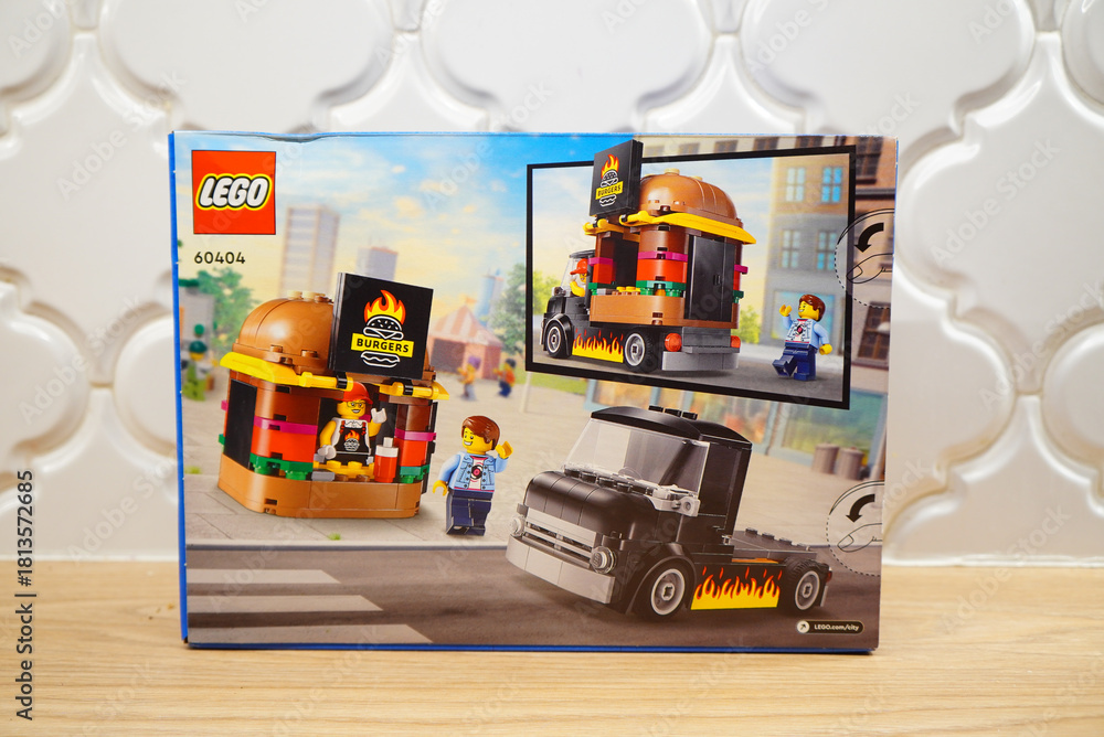 Naklejka premium Lego City Burger Truck Box Set on a Wooden Surface
