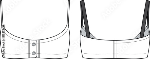 Cropped Bralette Top Fashion Technical Drawing Flat Sketch Template Thin Adjustable Straps Snap Button Front Closure and Scoop Neck, Isolated Vector.