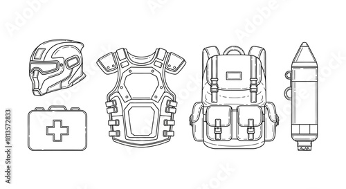 Set of futuristic military equipment line art including helmet armor backpack and first aid kit vector illustration isolated on white background
